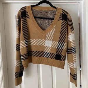 Plaid V Neck Drop Shoulder Cropped Sweater